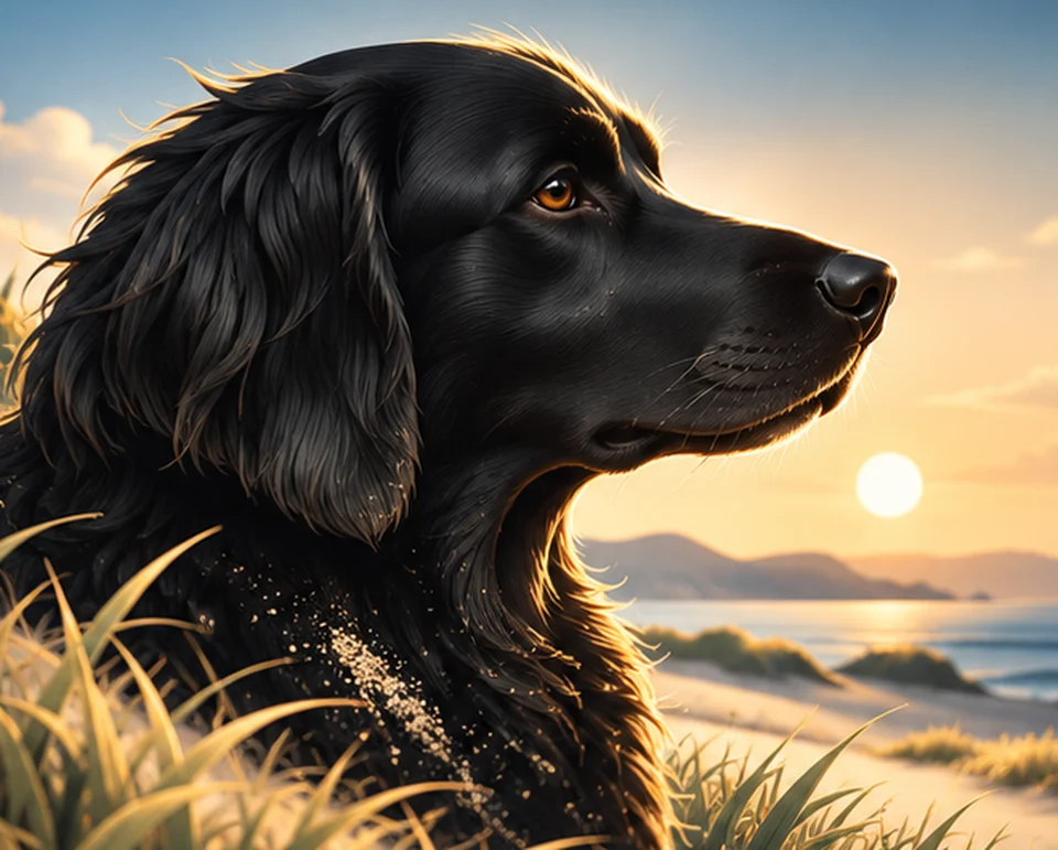 Cato, ein schwarzer Hund, im Seitenprofil am Strand bei Sonnenuntergang